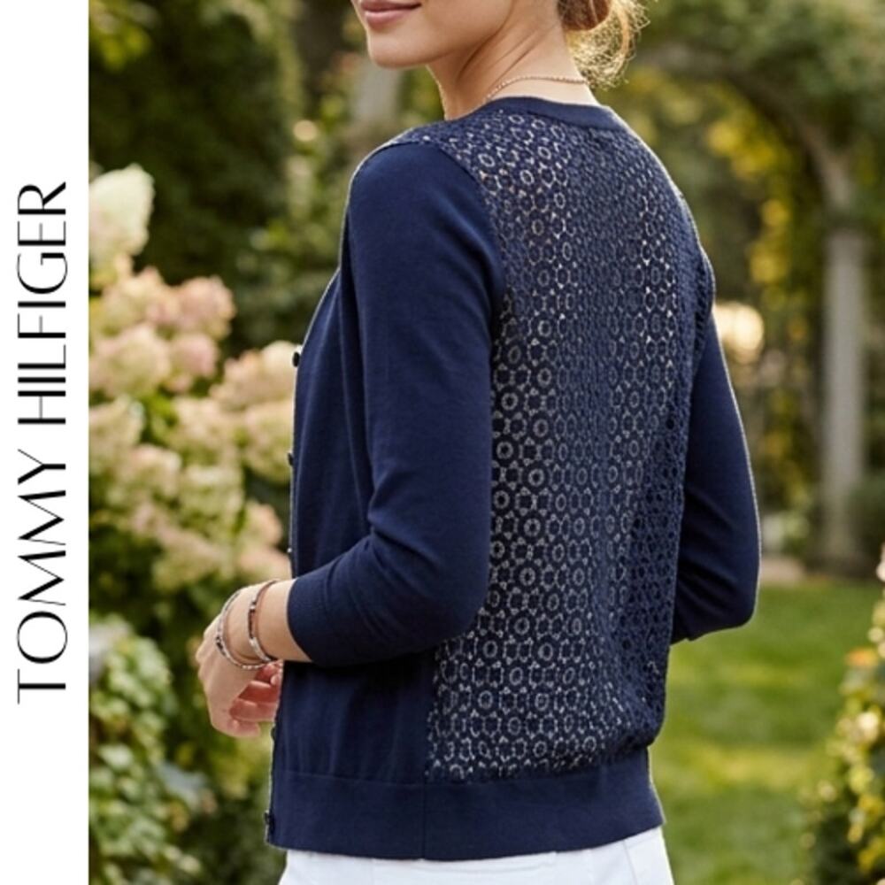 TOMMY HILFIGER Navy Lace Back Cardigan XS Cotton Button Front Sweater